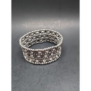 Multi-layered Silvertoned Beaded & Glass Rhinestone Stretchy Cuff Bracelet